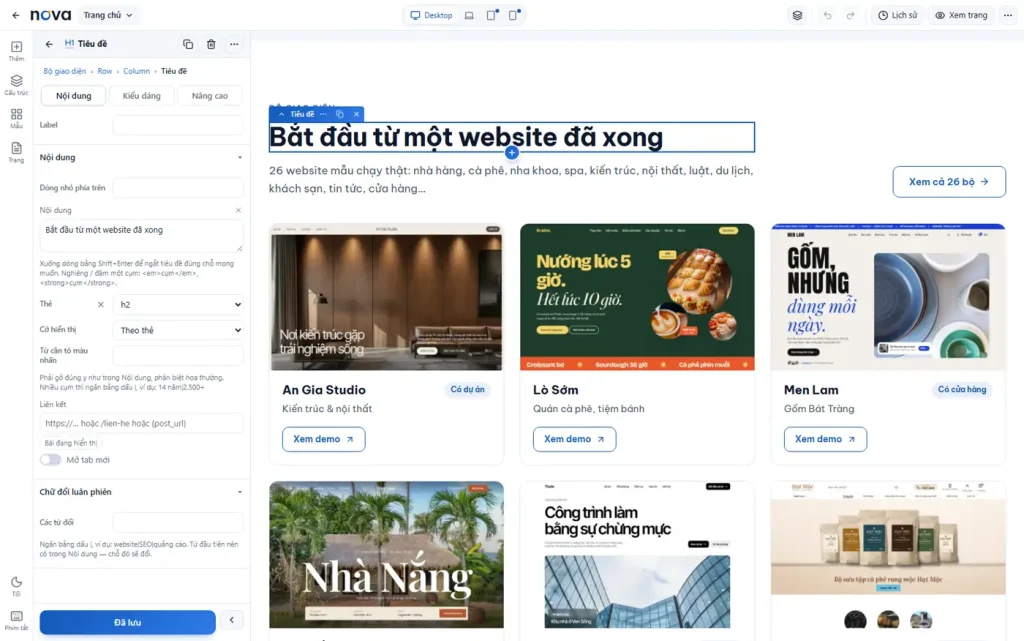 Nova Builder: cây cấu trúc bên trái, trang đang sửa ở giữa, bảng cài đặt bên phải