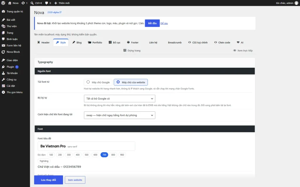 Cài đặt Nova: chọn font có chữ Việt, tải font về máy chủ của website