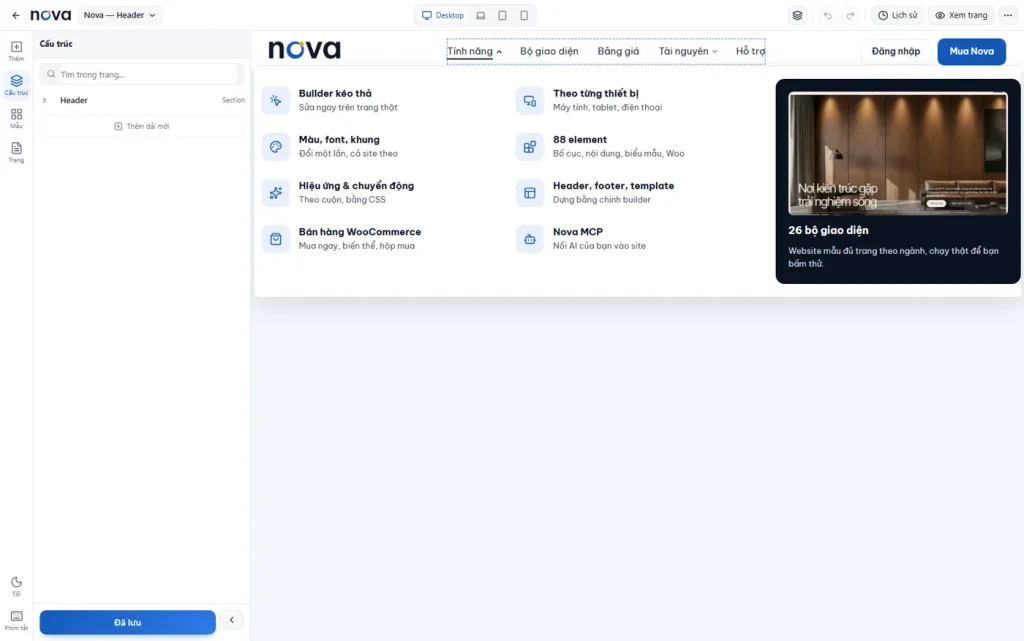 Nova Builder đang sửa Nova Block header