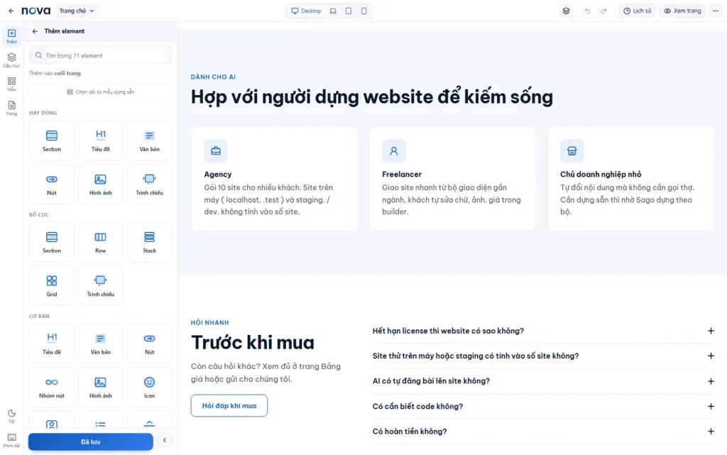 Bảng Thêm element của Nova Builder, element xếp theo nhóm