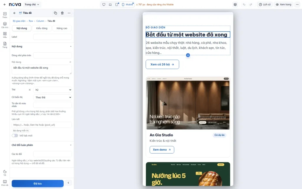 Nova Builder xem trang ở khổ điện thoại